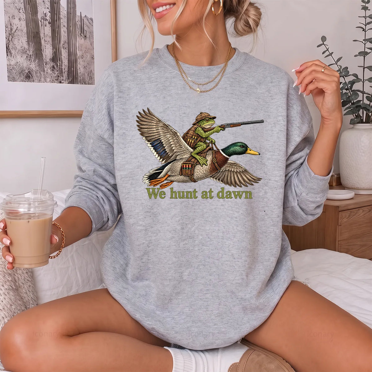 We Hunt at Dawn Frog Hunter Sweatshirt Women model in Sport Grey