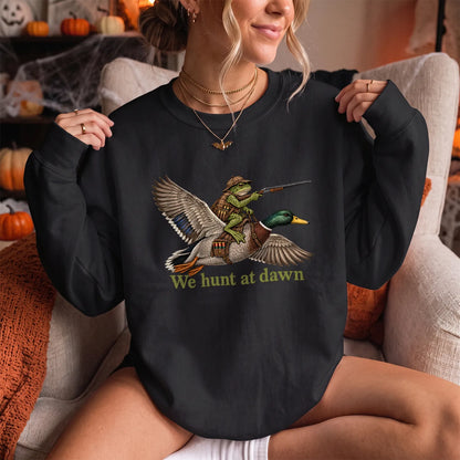 We Hunt at Dawn Frog Hunter Sweatshirt Women model in Black