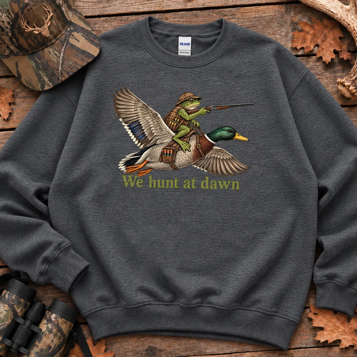 We Hunt at Dawn Frog Hunter Sweatshirt in Dark Heather