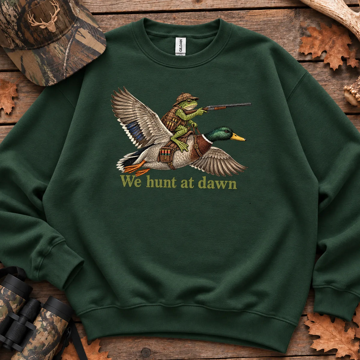 We Hunt at Dawn Frog Hunter Sweatshirt in Forest Green