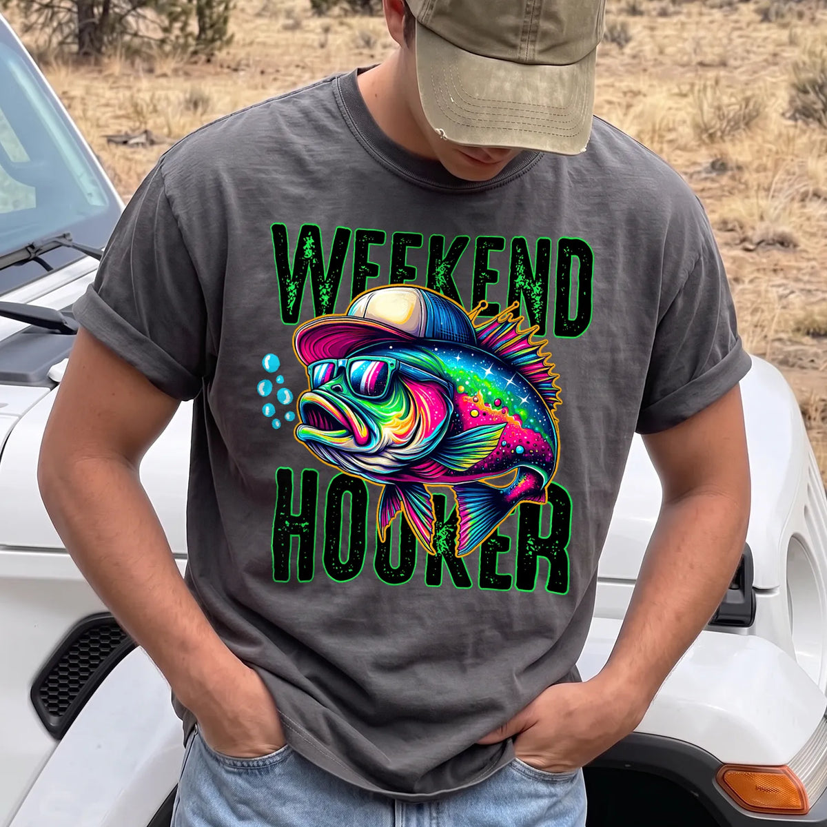 Weekend Hooker Neon Bass T-Shirt Men model in Pepper
