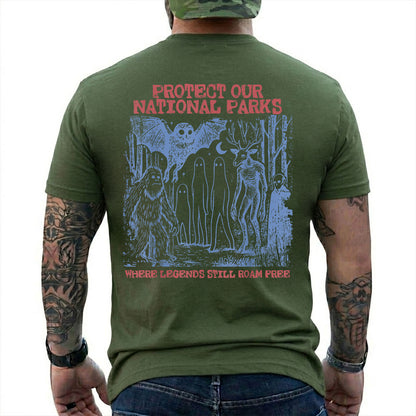 Military Green T-shirt back with blue forest cryptids beneath red Protect Our National Parks lettering