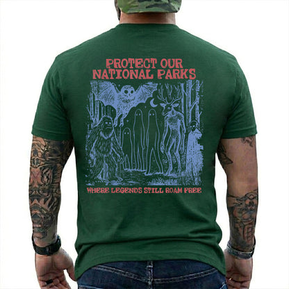 Forest Green T-shirt back with blue forest cryptids beneath red Protect Our National Parks lettering