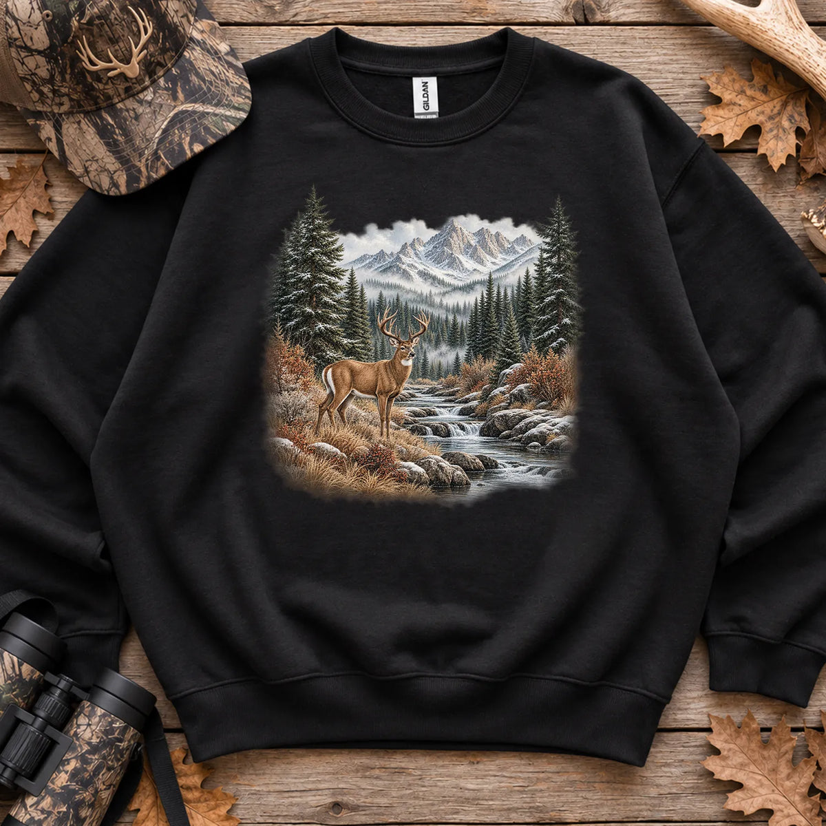 Whitetail Buck Mountain River Sweatshirt in Black