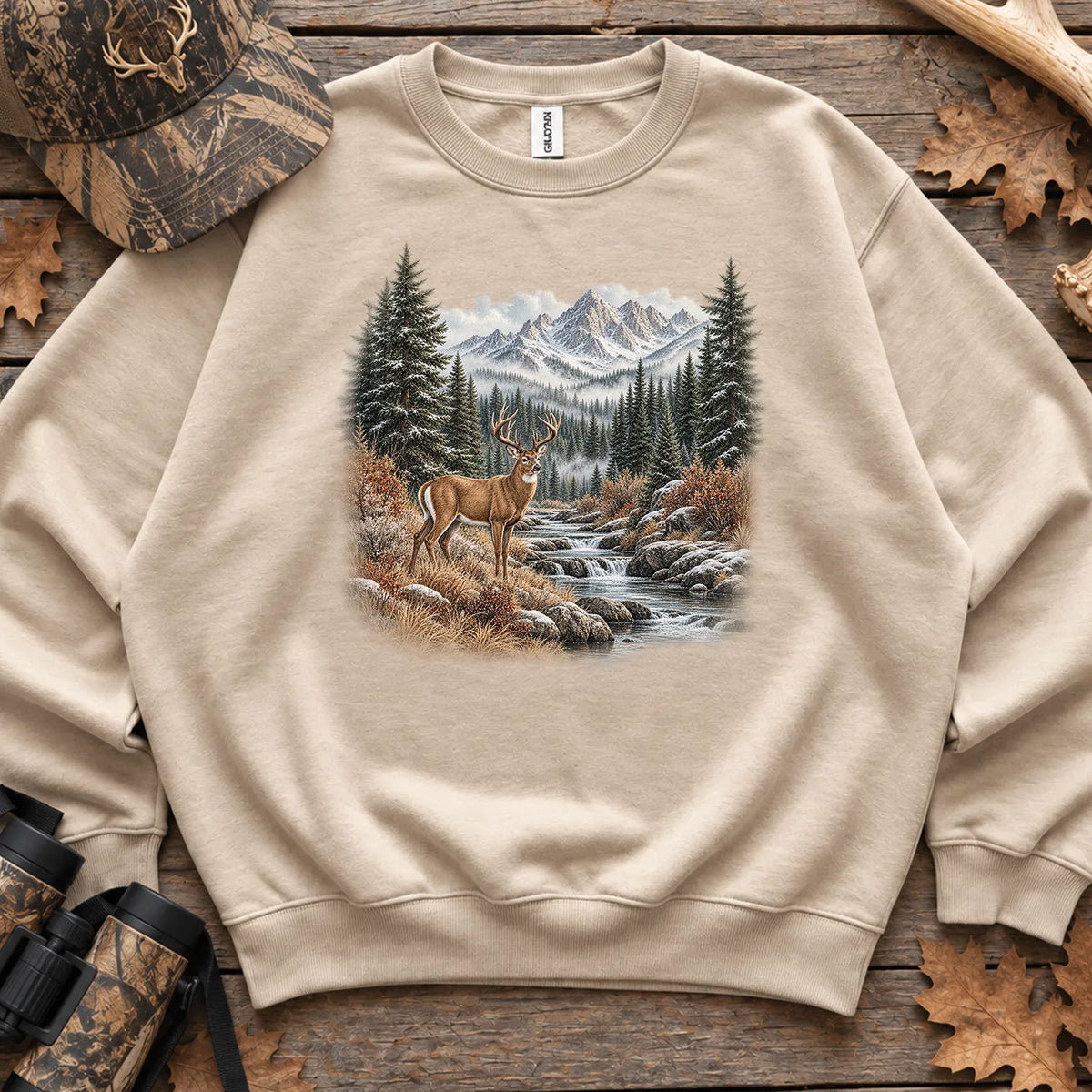 Whitetail Buck Mountain River Sweatshirt in Sand