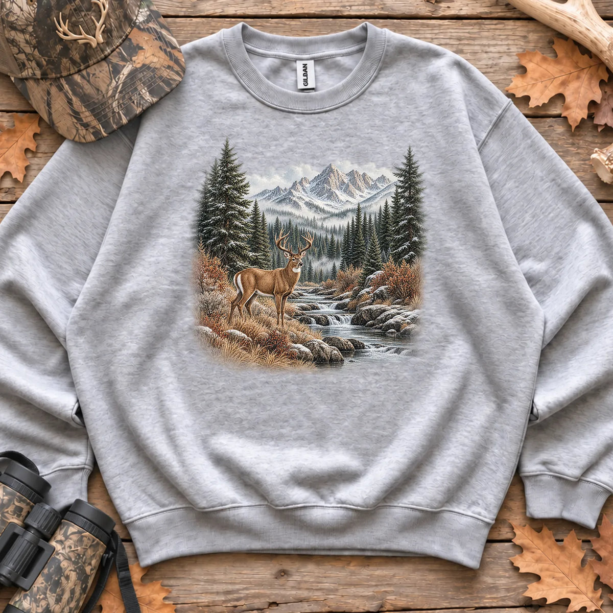 Whitetail Buck Mountain River Sweatshirt in Sport Grey