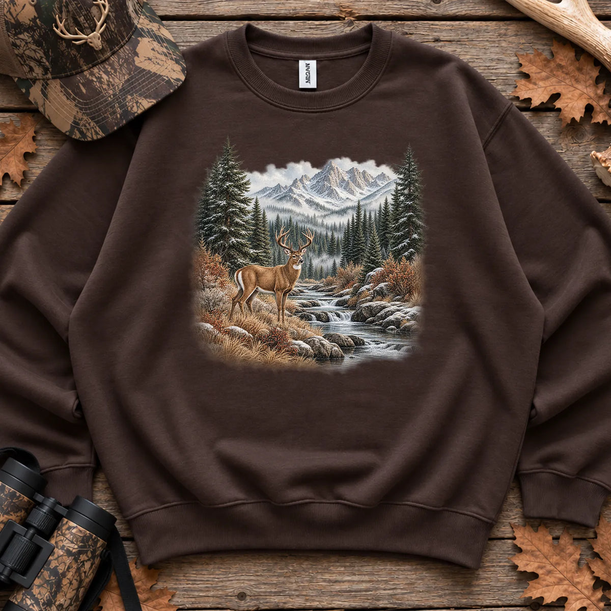 Whitetail Buck Mountain River Sweatshirt in Dark Chocolate