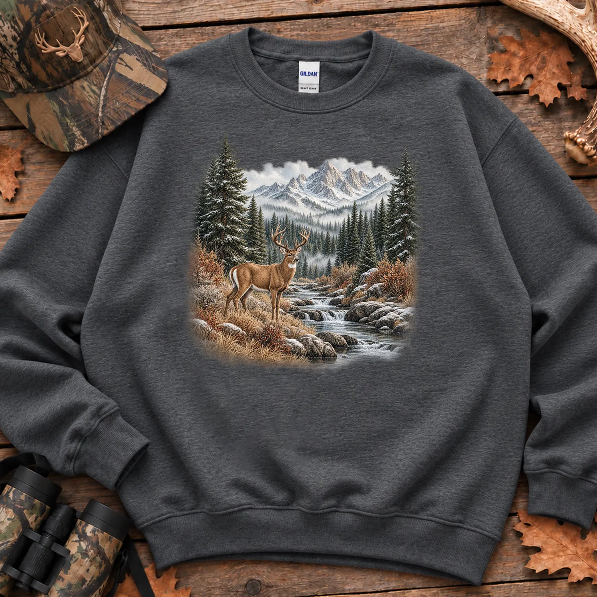 Whitetail Buck Mountain River Sweatshirt in Dark Heather