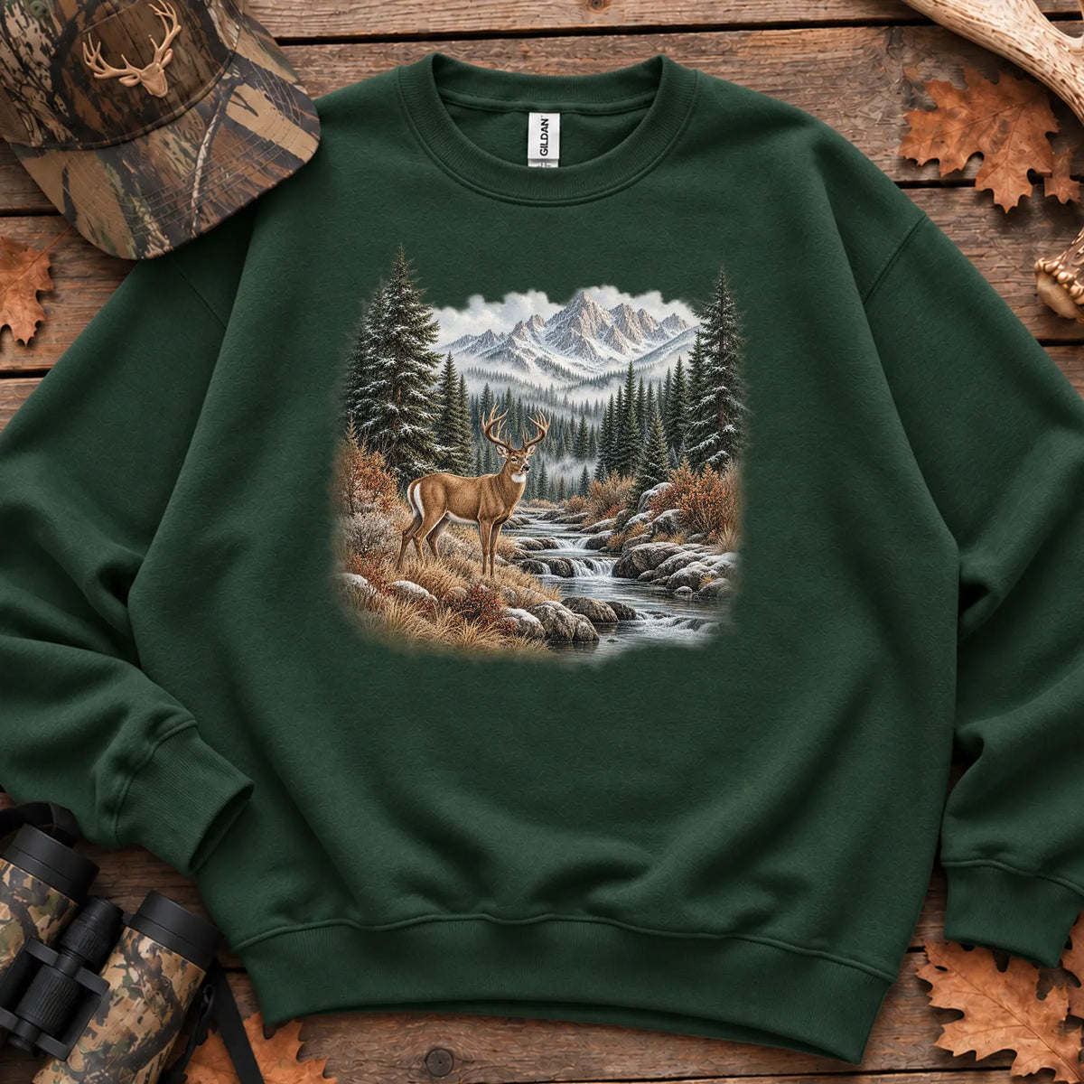 Whitetail Buck Mountain River Sweatshirt in Forest Green