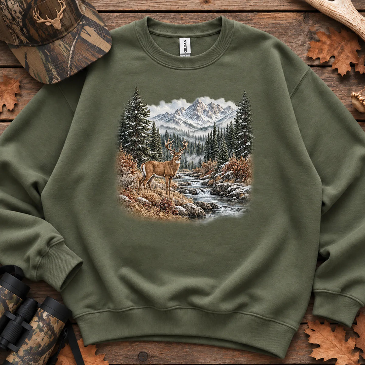 Whitetail Buck Mountain River Sweatshirt in Military Green