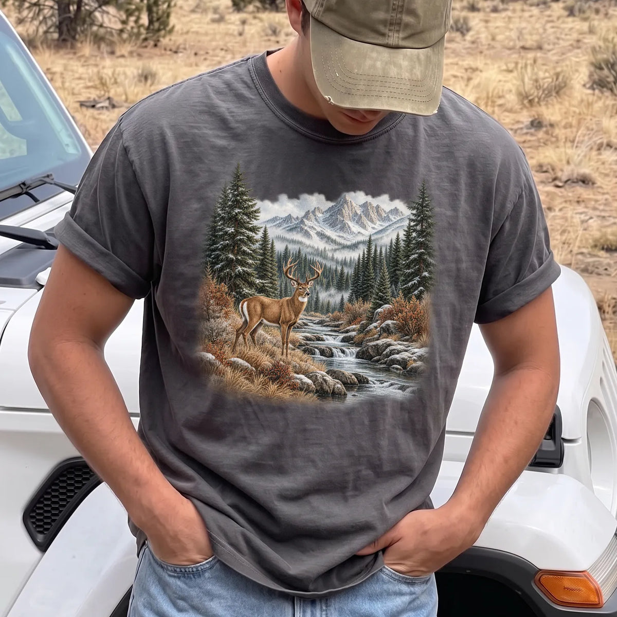 Whitetail Buck Mountain T-Shirt Men model in Pepper