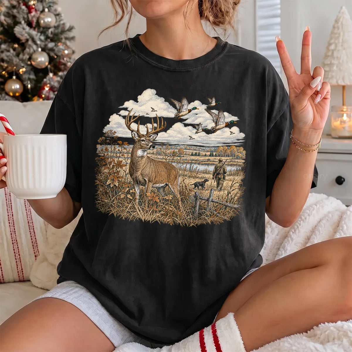 Whitetail Deer and Ducks T-Shirt Women model in Black