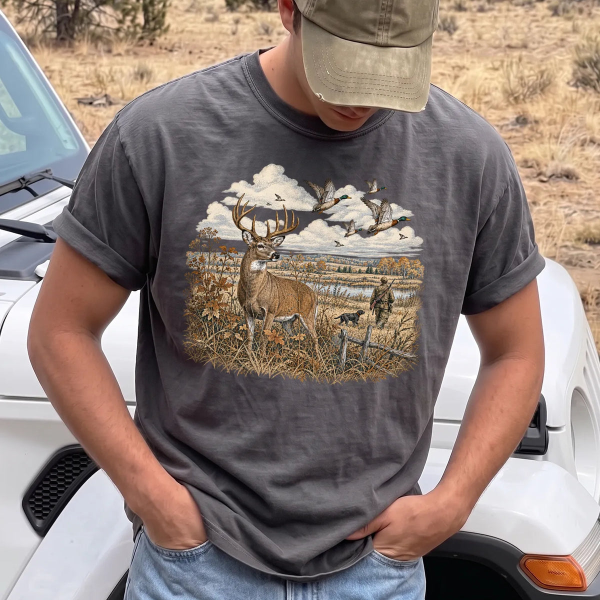 Whitetail Deer and Ducks T-Shirt Men model in Pepper