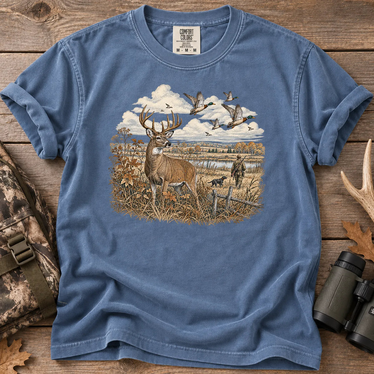 Whitetail Deer and Ducks T-Shirt in Blue Jean