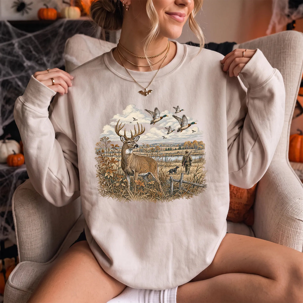 Whitetail Deer and Mallards Sweatshirt Women model in Sand