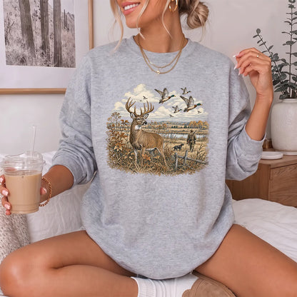 Whitetail Deer and Mallards Sweatshirt Women model in Sport Grey