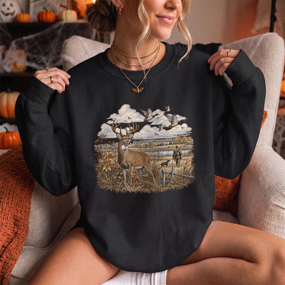 Whitetail Deer and Mallards Sweatshirt Women model in Black