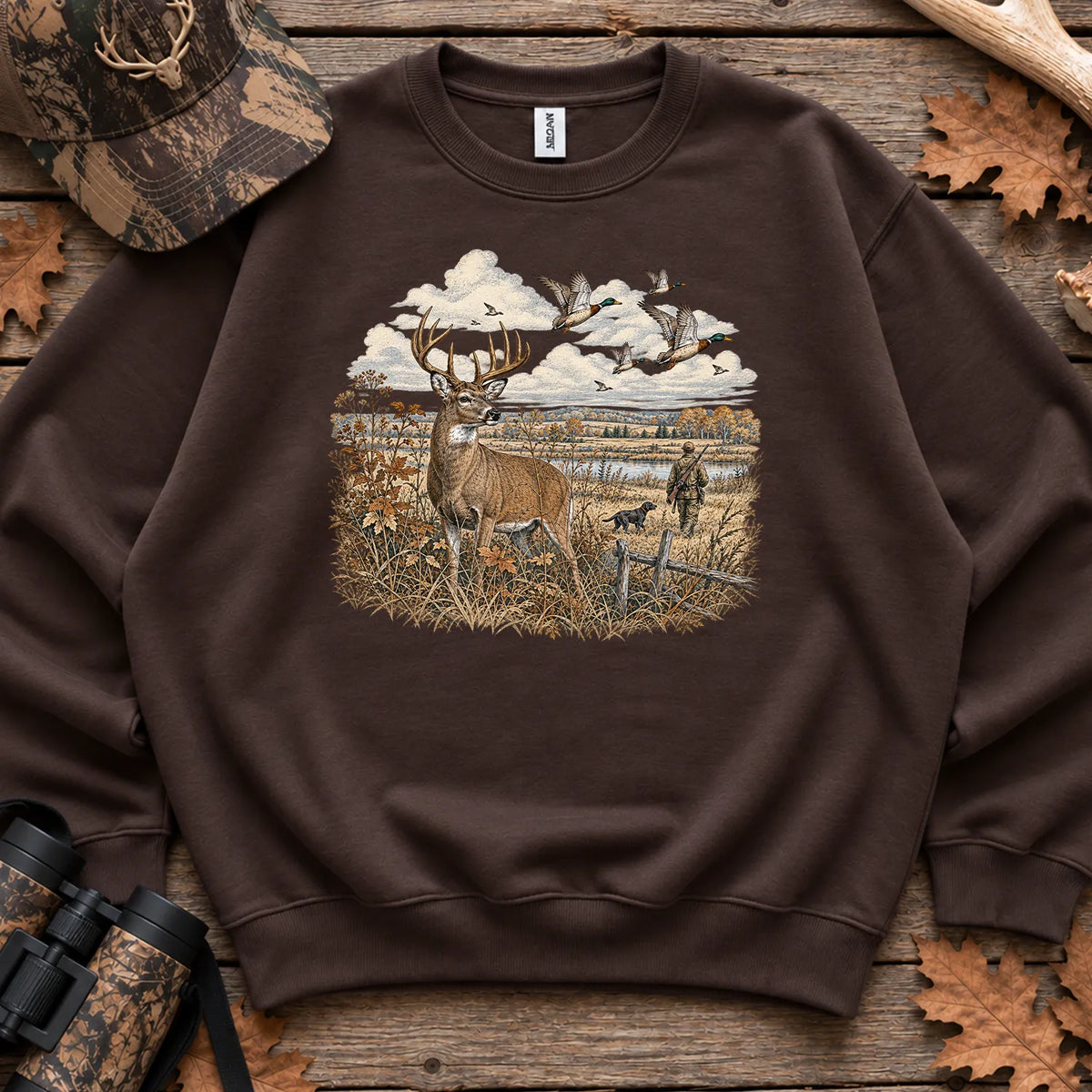 Whitetail Deer and Mallards Sweatshirt in Dark Chocolate