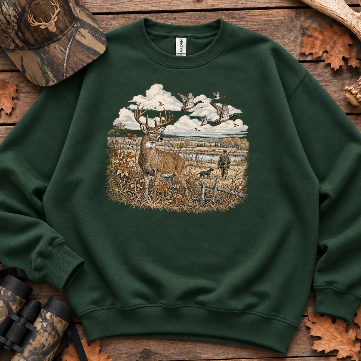 Whitetail Deer and Mallards Sweatshirt in Forest Green