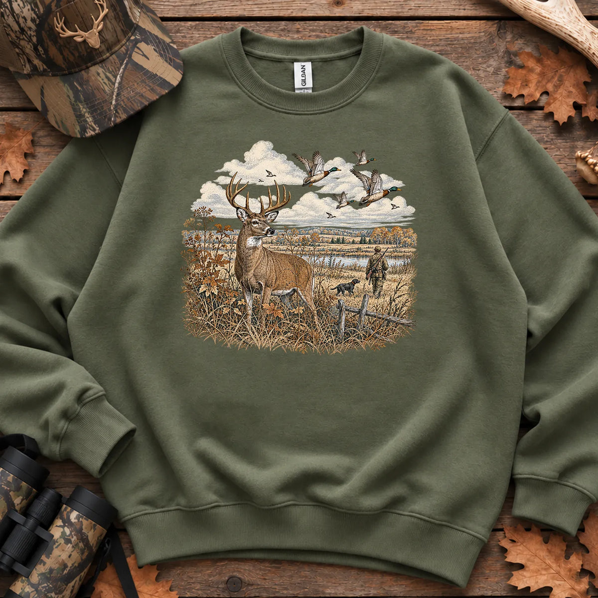Whitetail Deer and Mallards Sweatshirt in Military Green