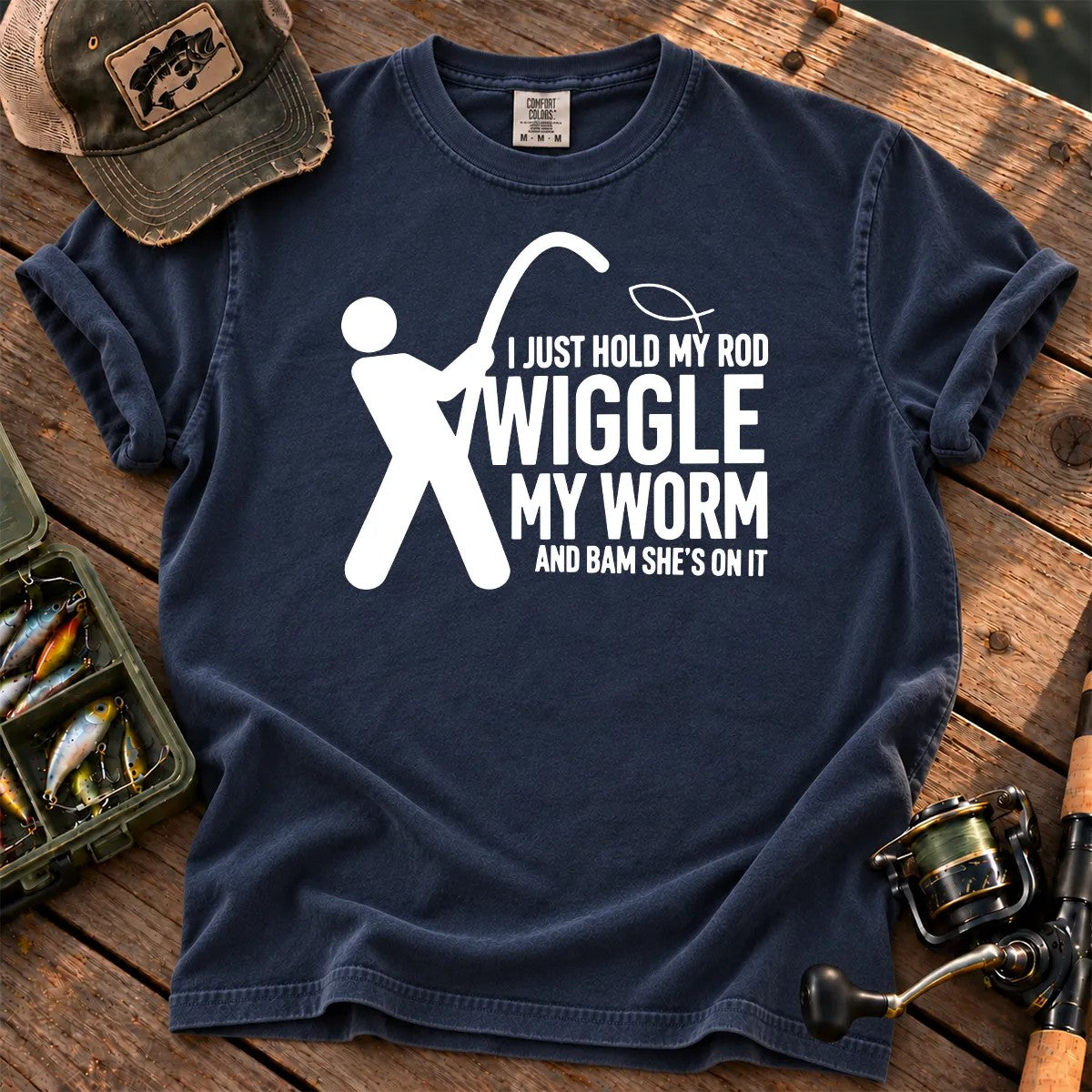 Wiggle My Worm Fishing T-Shirt in True Navy