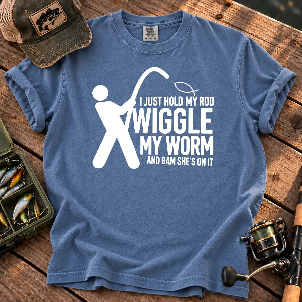 Wiggle My Worm Fishing T-Shirt in Blue Jean