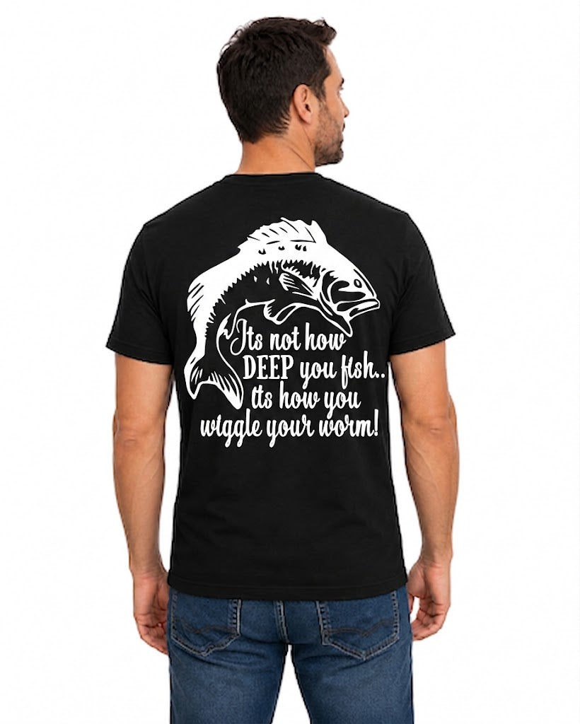 Black T-shirt back with bass silhouette and Wiggle Your Worm adult fishing joke