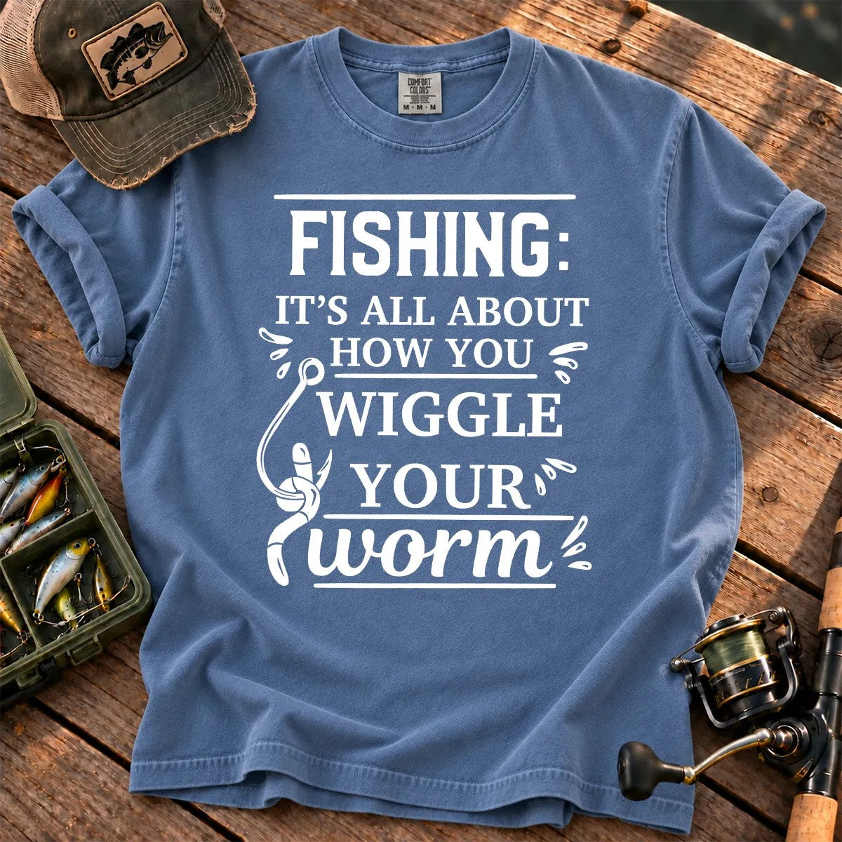 Wiggle Your Worm Fishing T-Shirt in Blue Jean