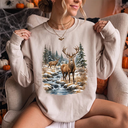Winter Deer Wilderness Sweatshirt Women model in Sand