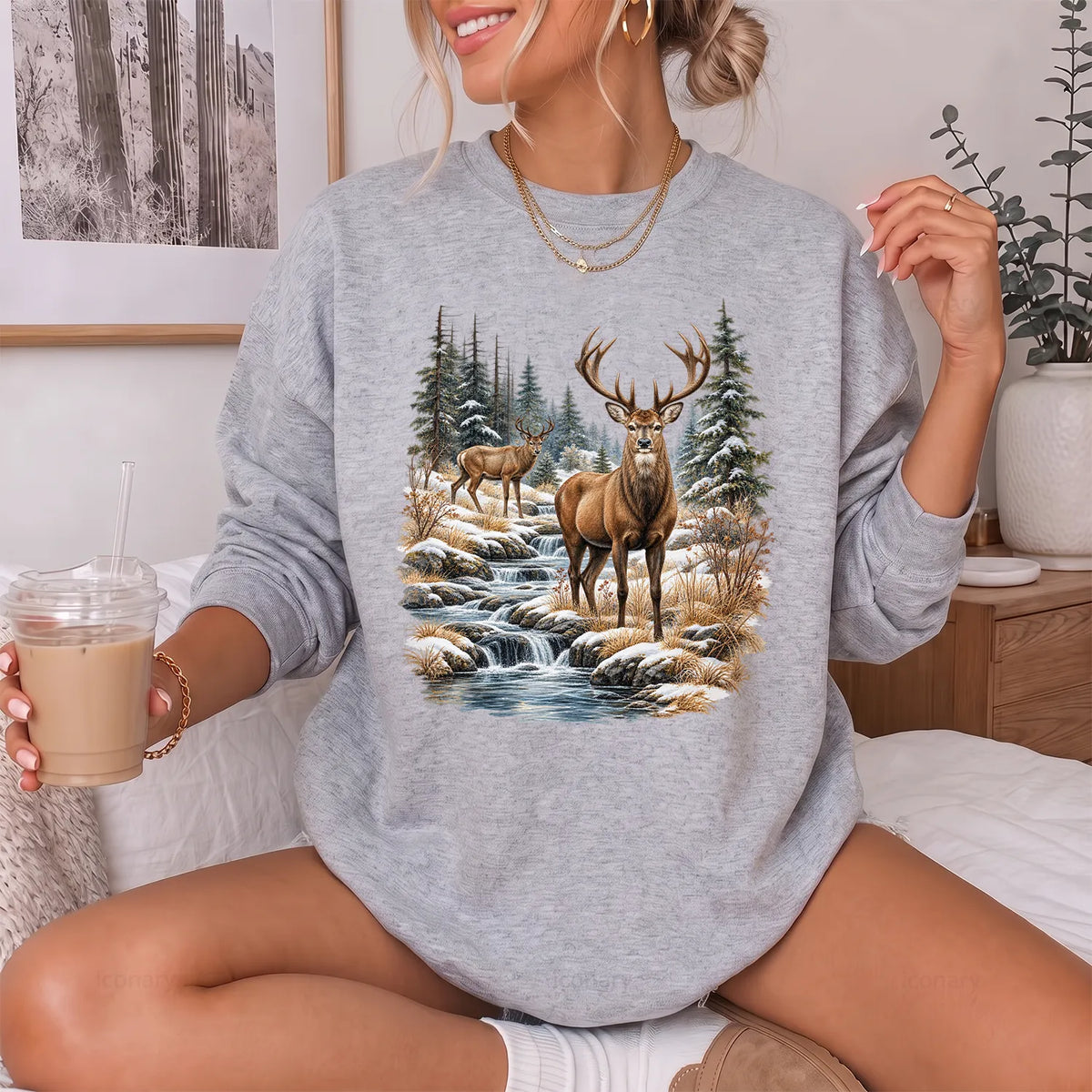 Winter Deer Wilderness Sweatshirt Women model in Sport Grey