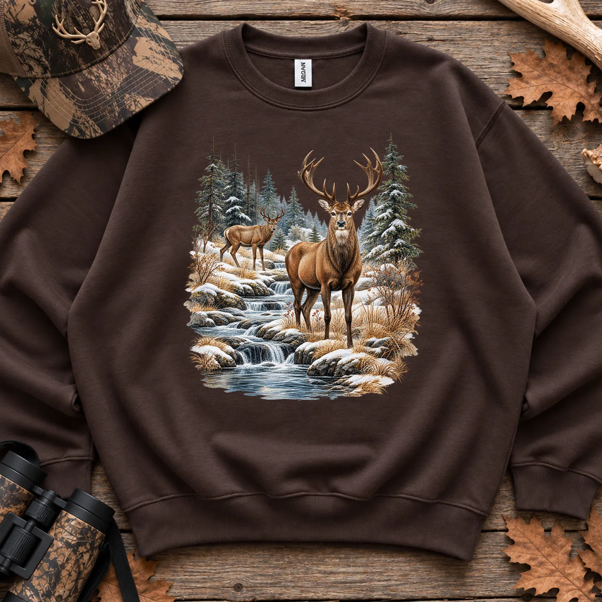 Winter Deer Wilderness Sweatshirt in Dark Chocolate