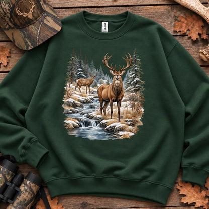 Winter Deer Wilderness Sweatshirt in Forest Green