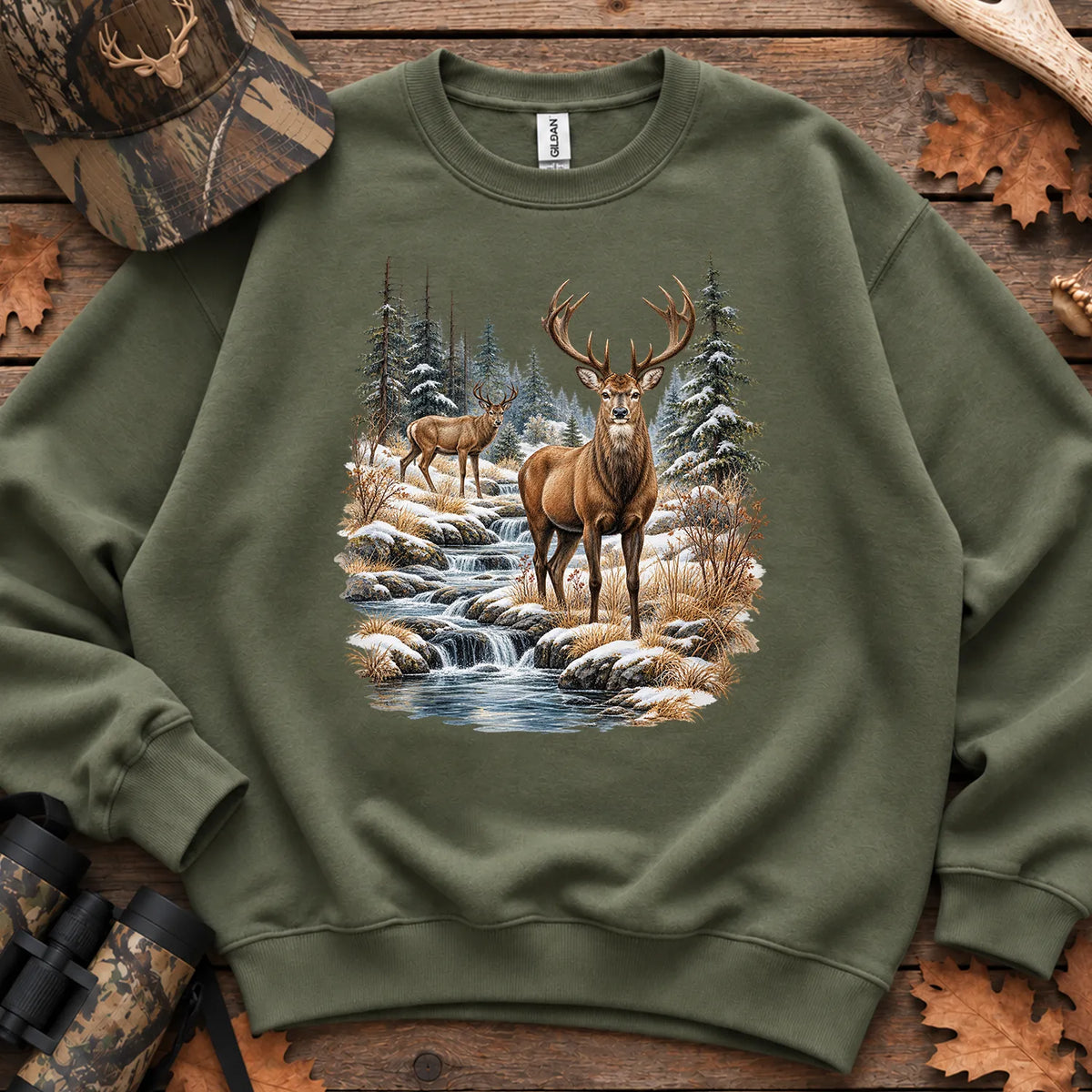 Winter Deer Wilderness Sweatshirt in Military Green