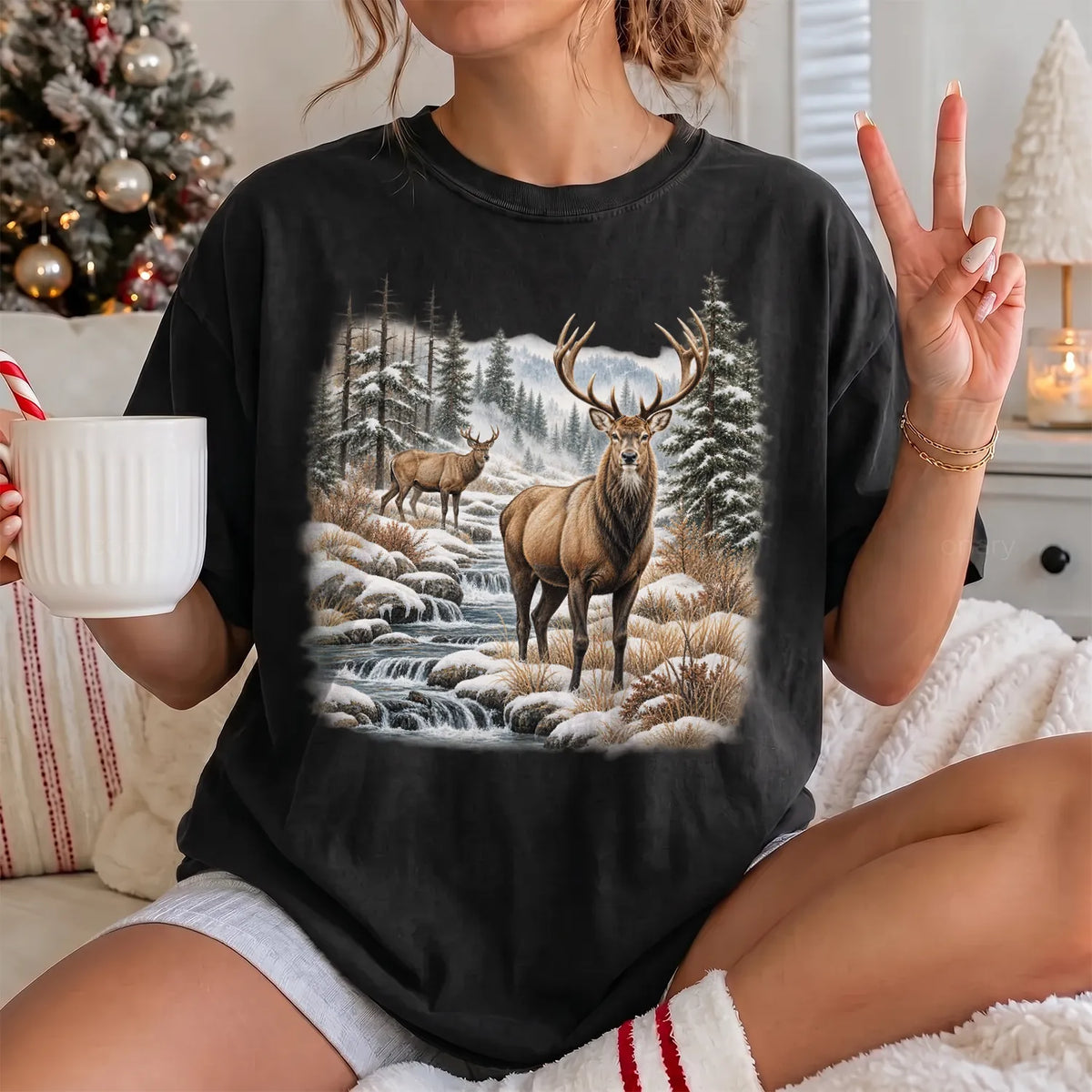 Winter Deer Wilderness T-Shirt Women model in Black