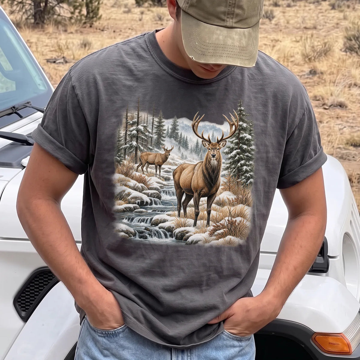 Winter Deer Wilderness T-Shirt Men model in Pepper