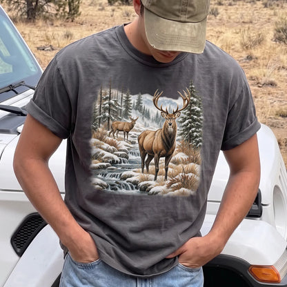Winter Deer Wilderness T-Shirt Men model in Pepper