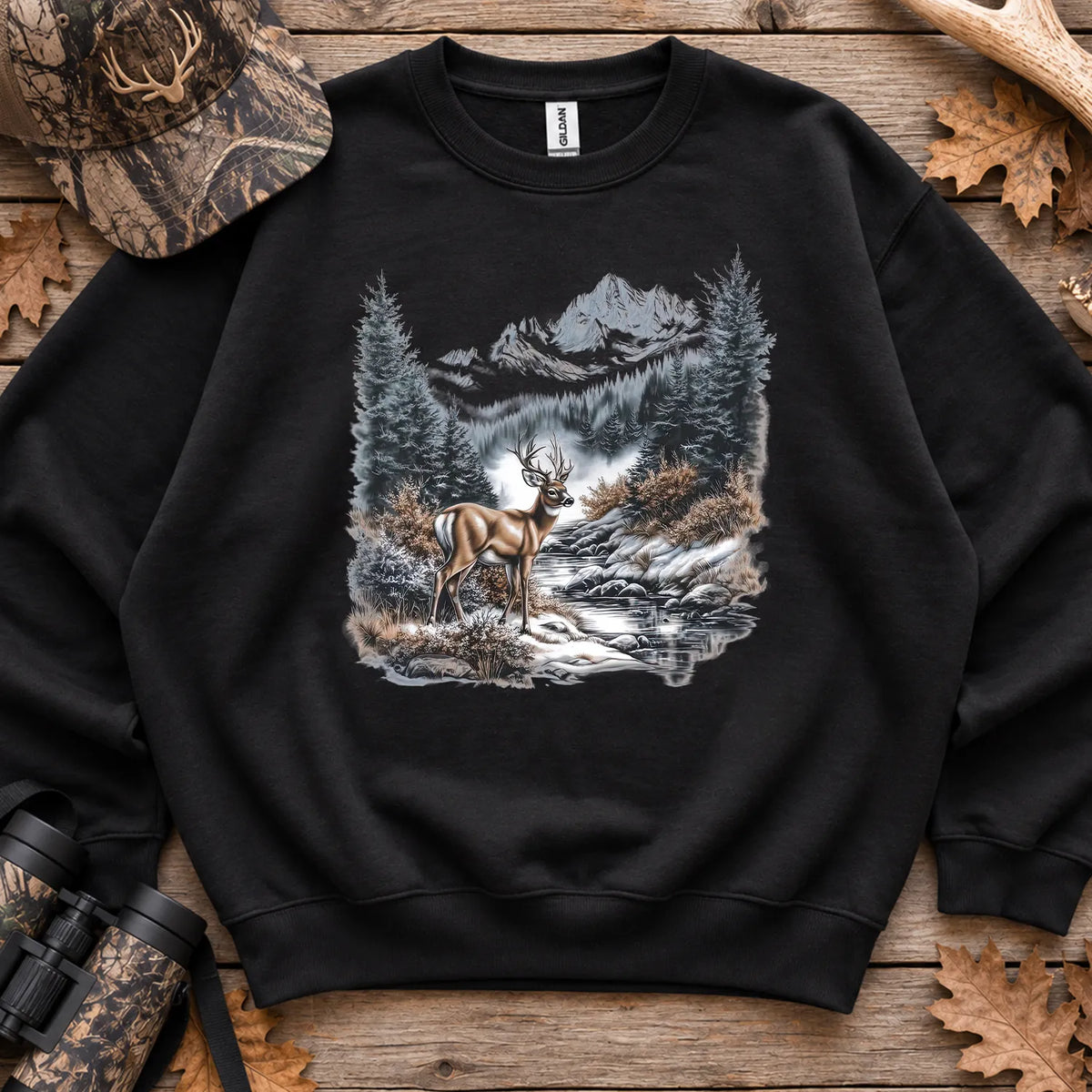 Winter Whitetail Buck Sweatshirt in Black