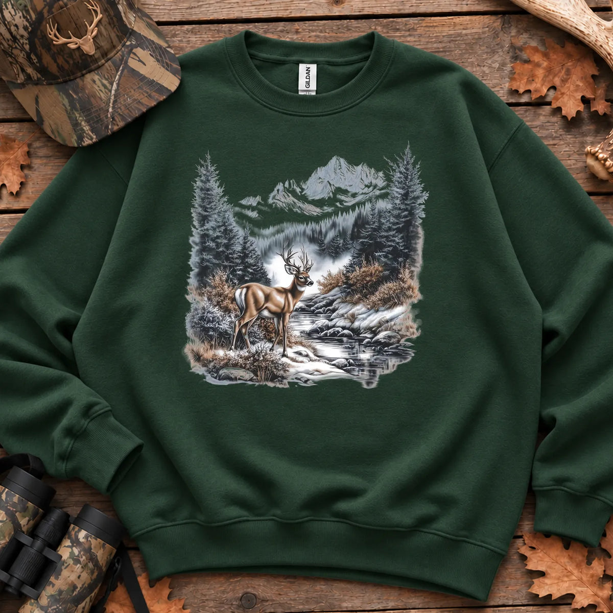 Winter Whitetail Buck Sweatshirt in Forest Green