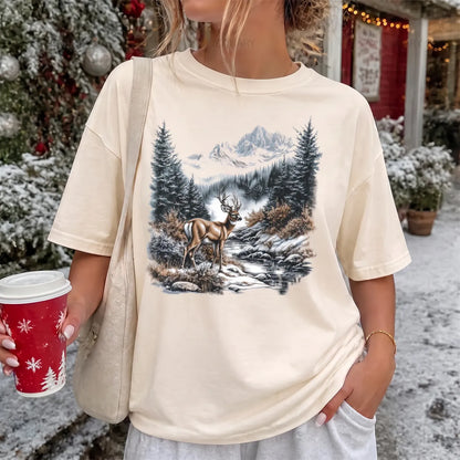 Winter Whitetail Buck T-Shirt Women model in Ivory