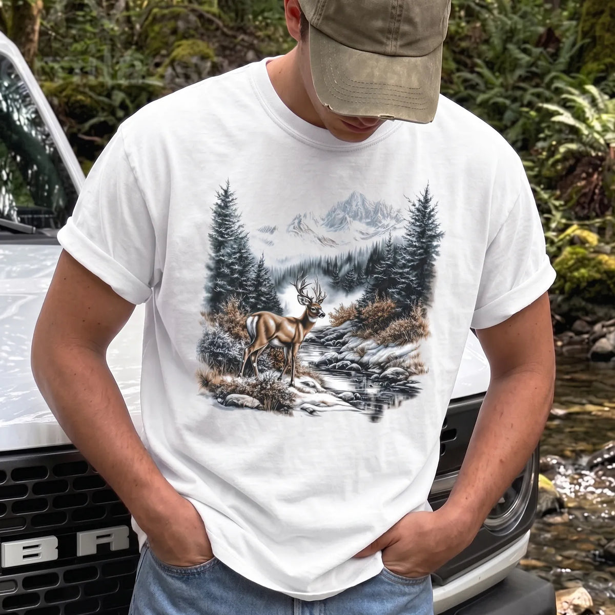 Winter Whitetail Buck T-Shirt Men model in White