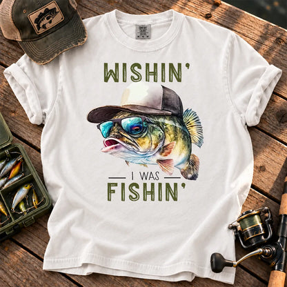 Wishin I Was Fishin Hat Bass T-Shirt in White