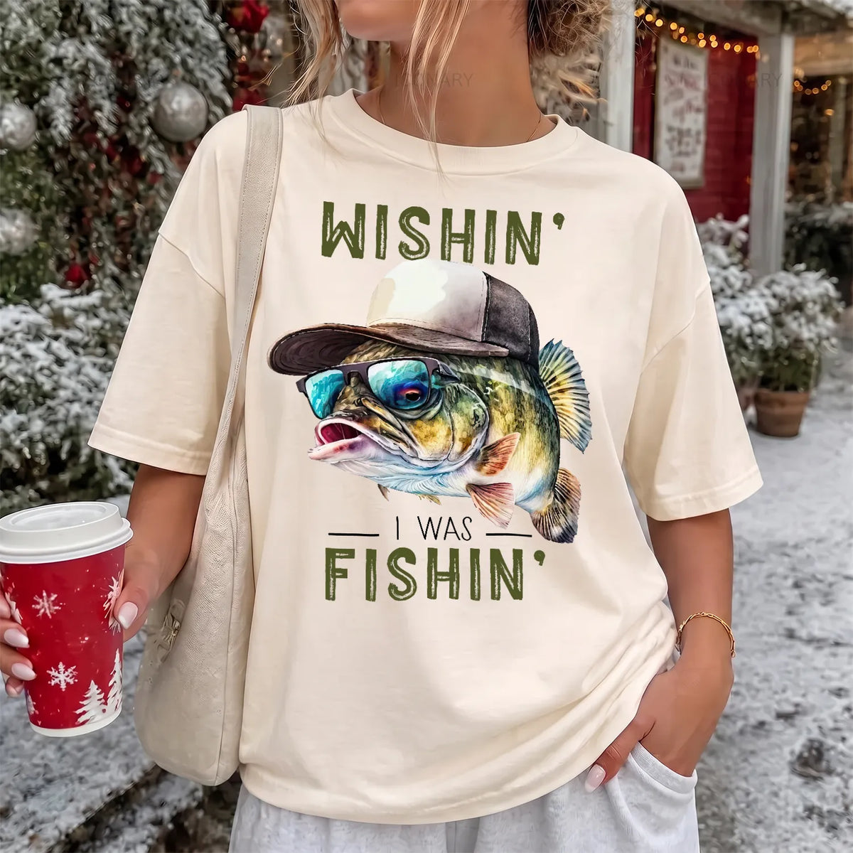 Wishin I Was Fishin Hat Bass T-Shirt Women model in Ivory