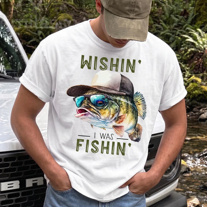Wishin I Was Fishin Hat Bass T-Shirt Men model in White