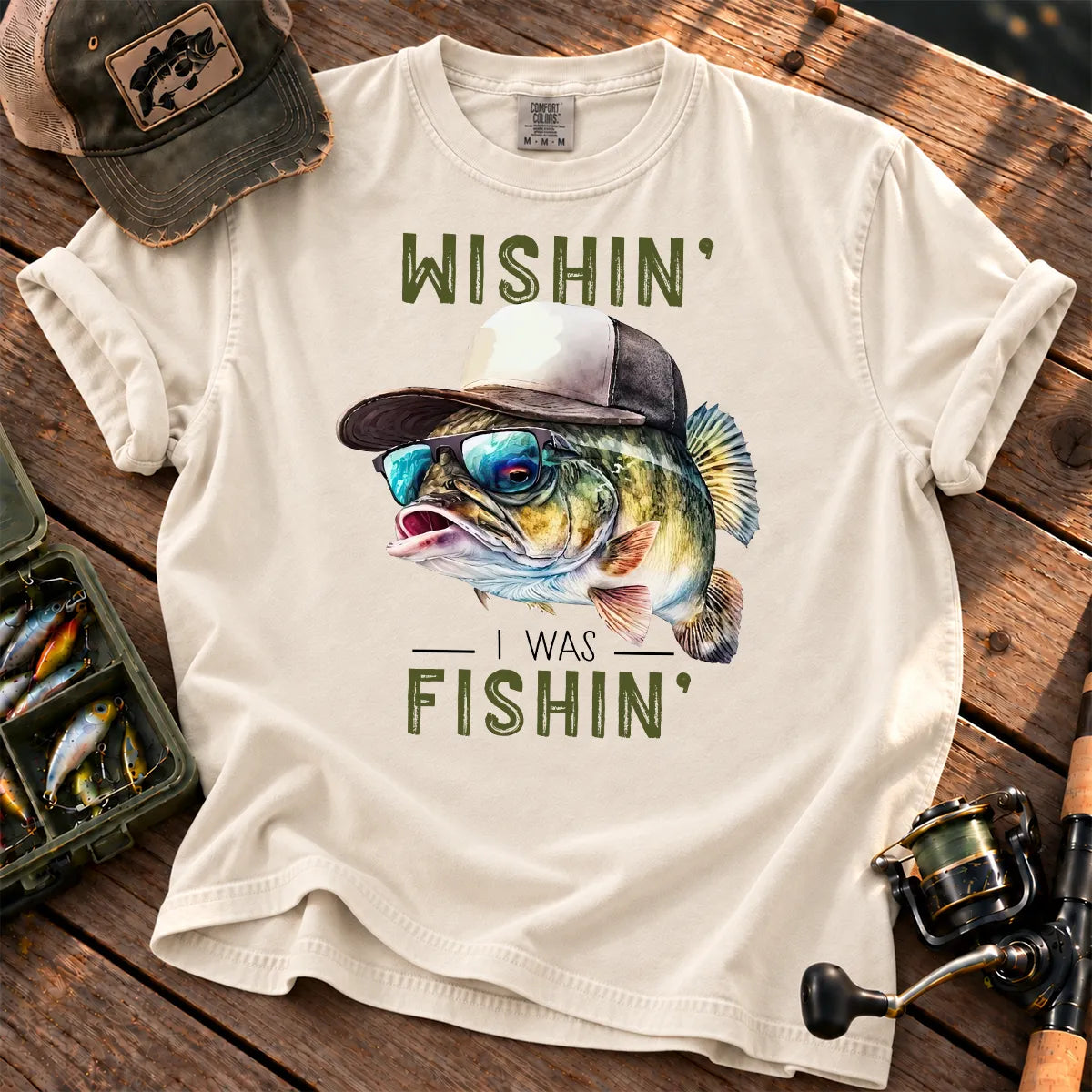 Wishin I Was Fishin Hat Bass T-Shirt in Ivory