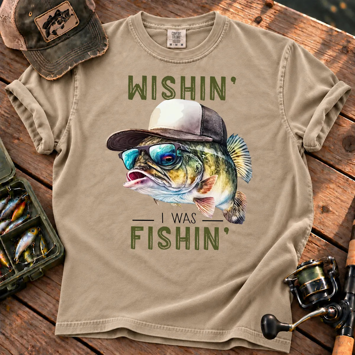 Wishin I Was Fishin Hat Bass T-Shirt in Sandstone