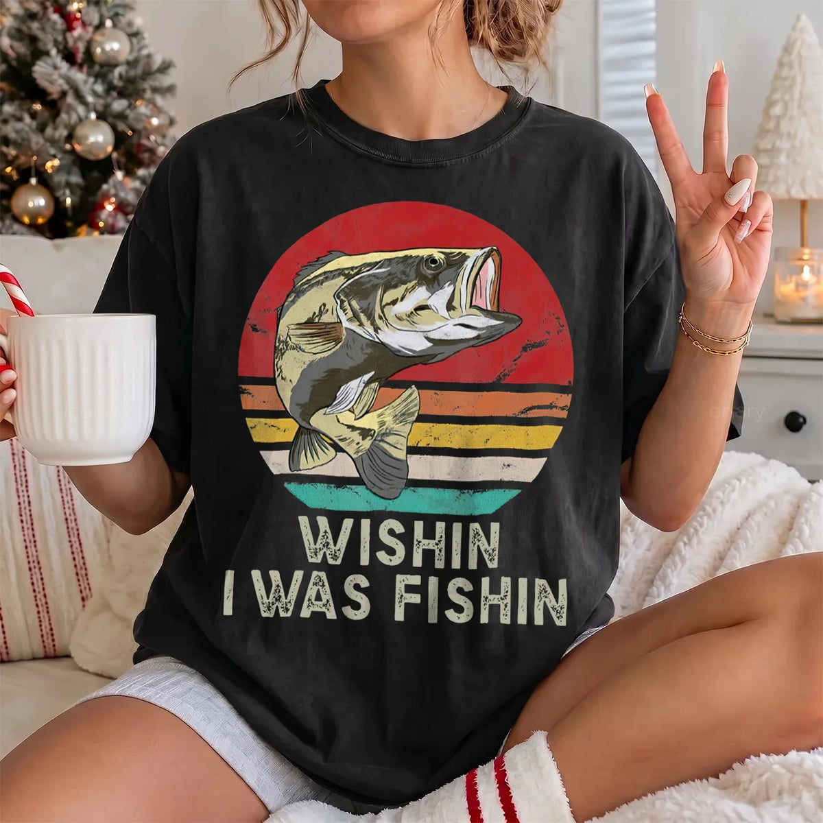 Wishin I Was Fishin T-Shirt Women model in Black