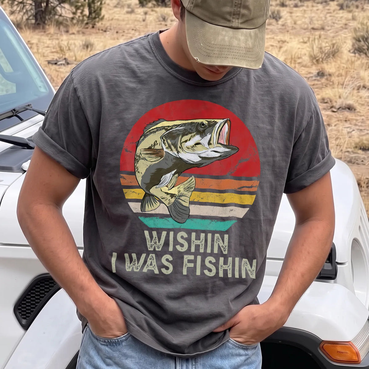 Wishin I Was Fishin T-Shirt Men model in Pepper