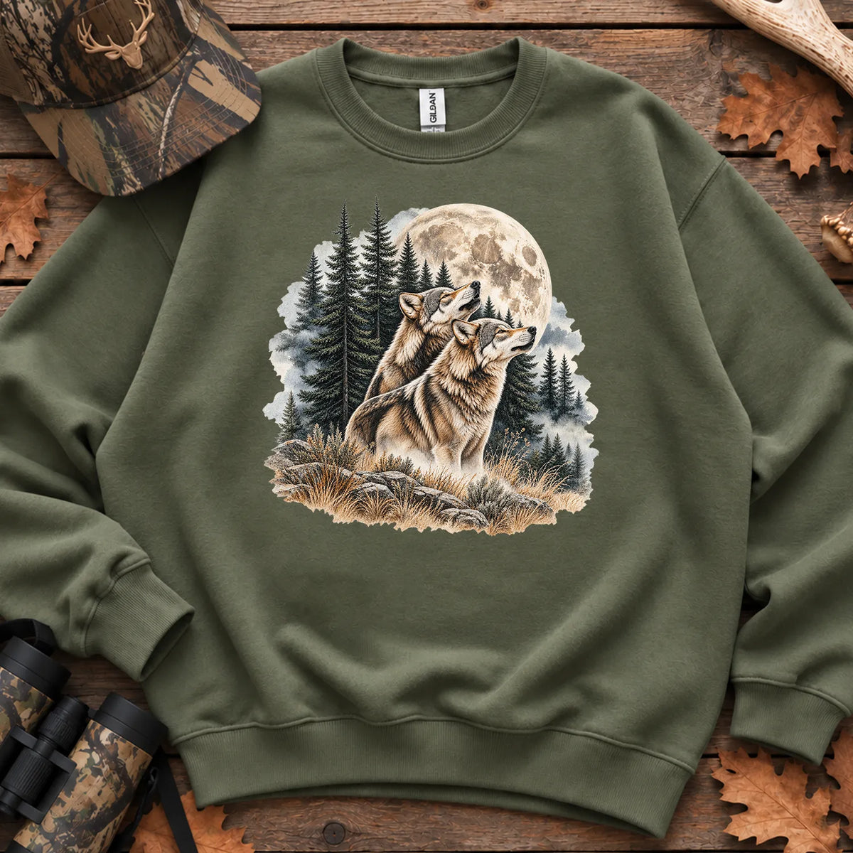 Wolves Howling at the Moon Sweatshirt in Military Green
