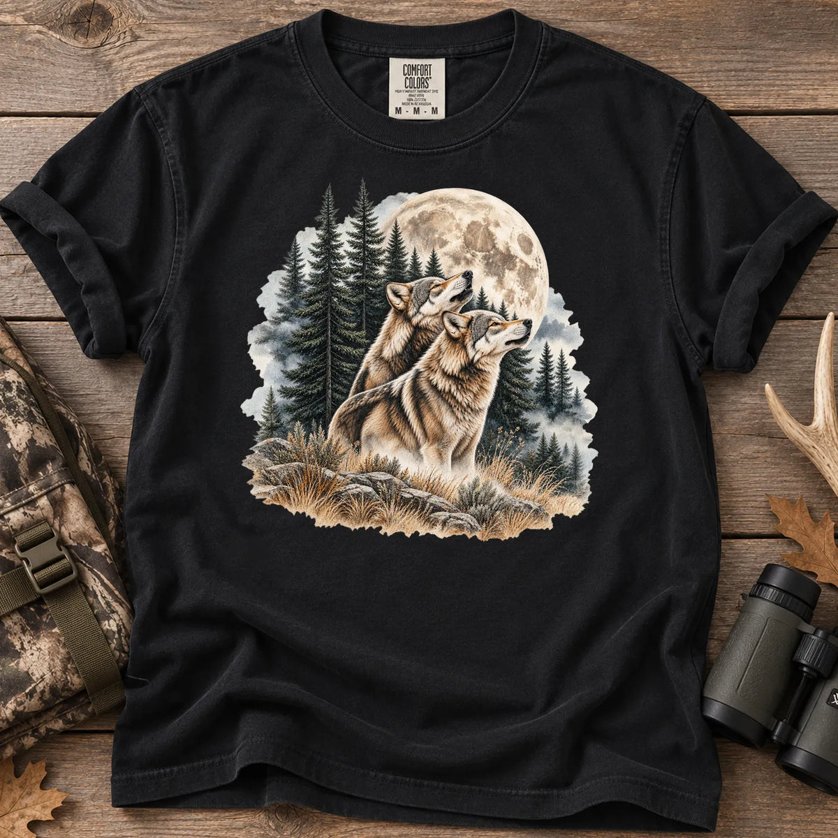 Wolves Howling at the Moon T-Shirt in Black