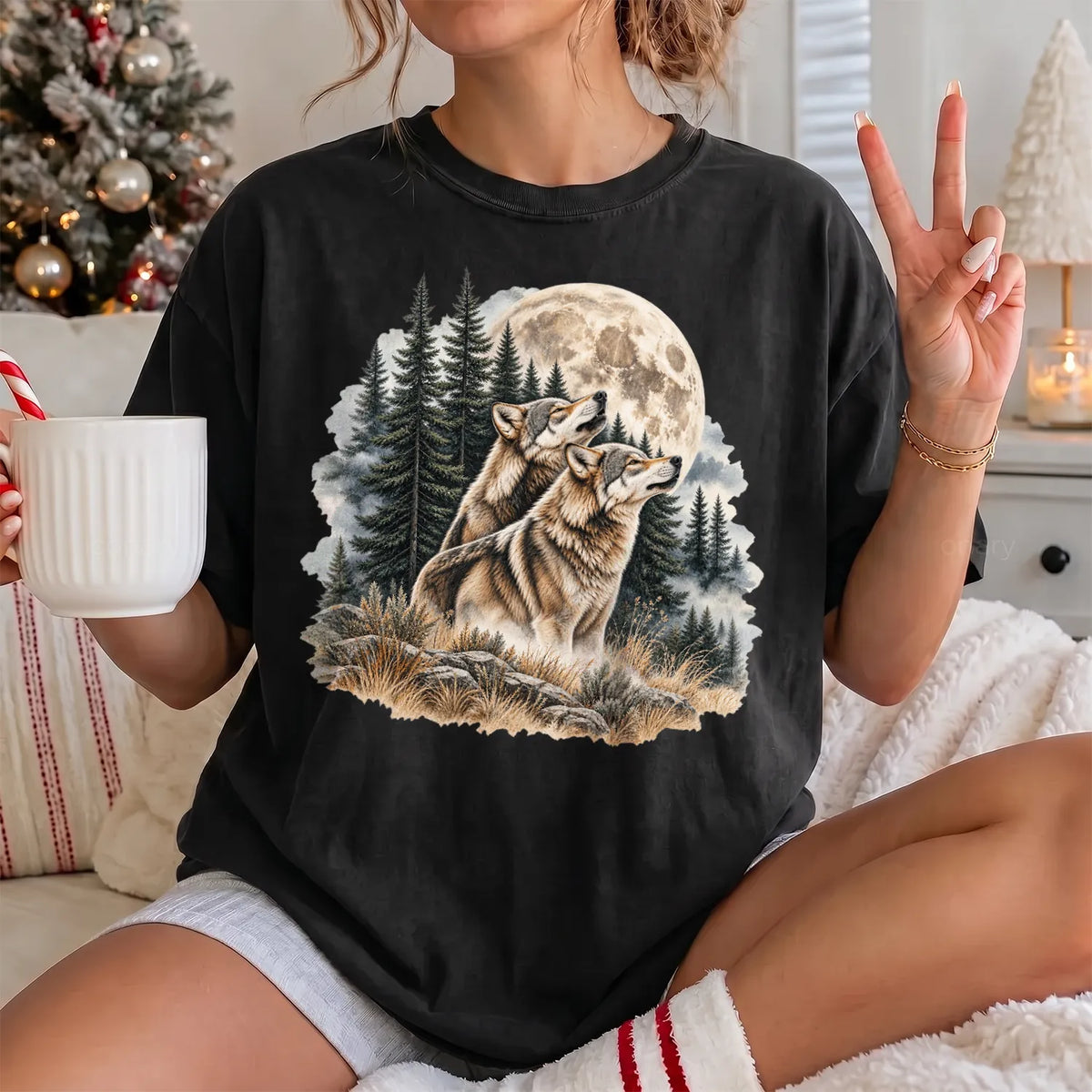 Wolves Howling at the Moon T-Shirt Women model in Black